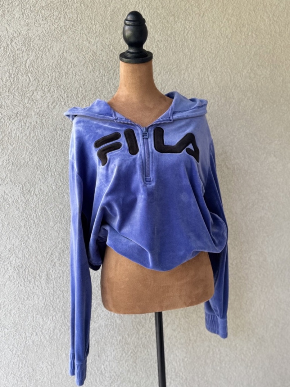 FILA Velour Half Zip Hoodie Blue Purple Y2K Athleisure Velvet Logo Sweatshirt